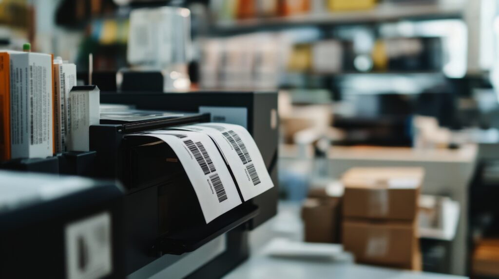close up of printed labels emerging from a label printer on a clean, organized workspace.