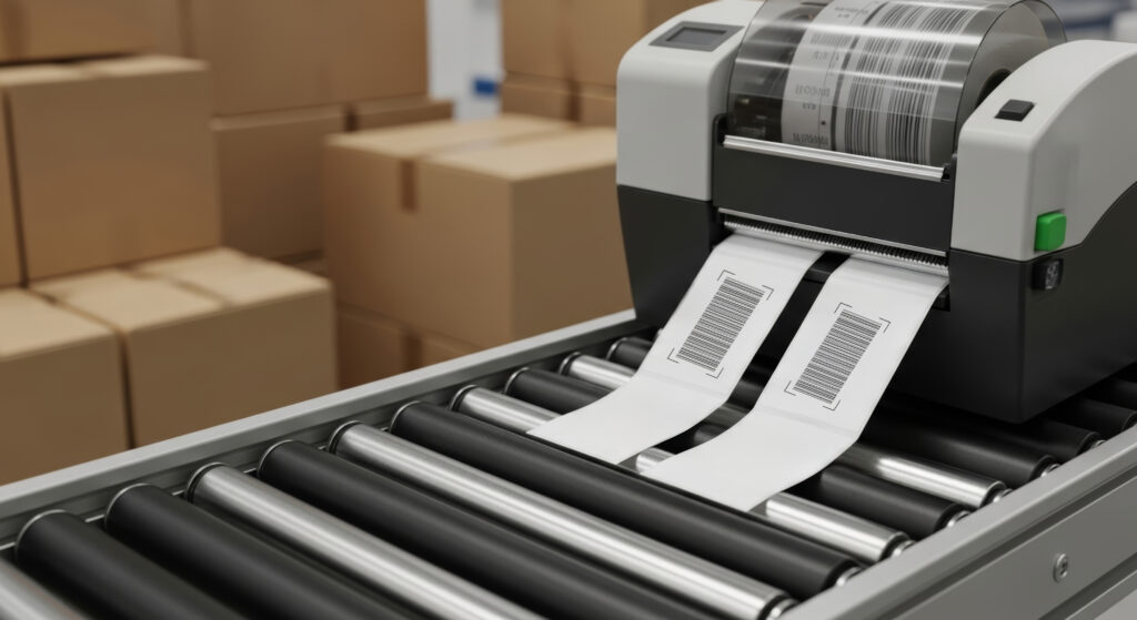 label printer printing barcode labels on conveyor with cardboard box in warehouse packaging and logistics environment conveying efficiency and automation
