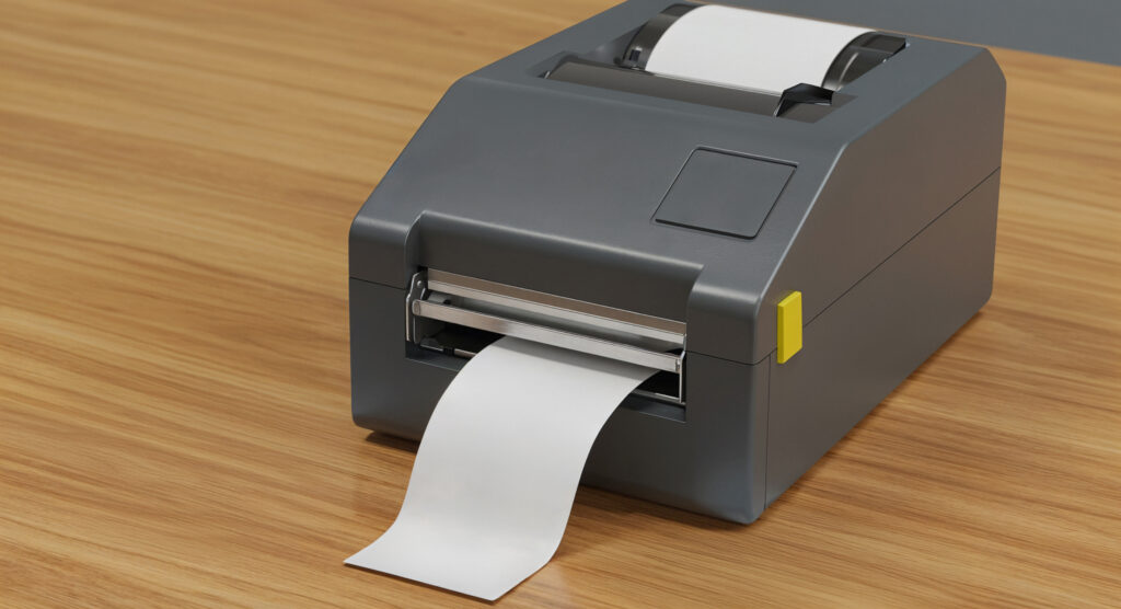label printer wooden surface