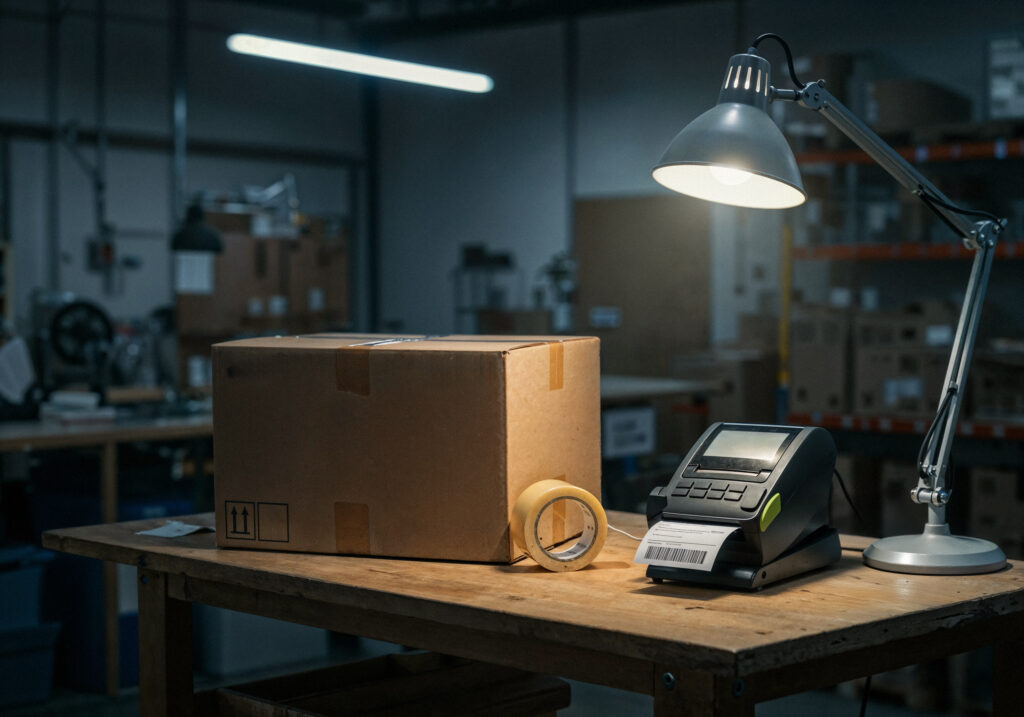 shipping packaging workspace with label printer